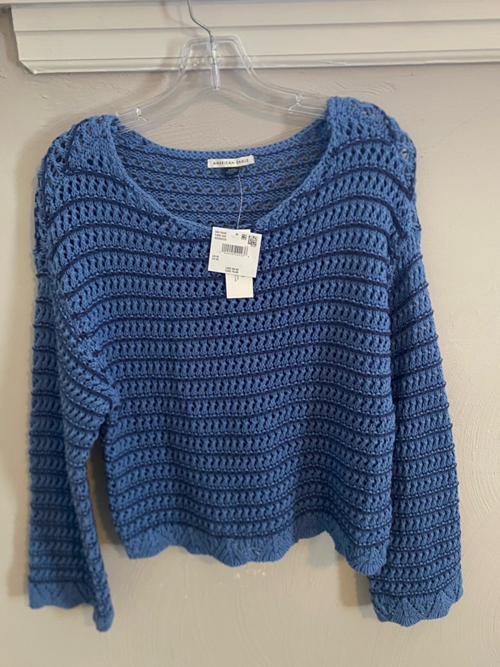 American Eagle Outfitters Blue Crochet Crewneck Sweater Size Medium